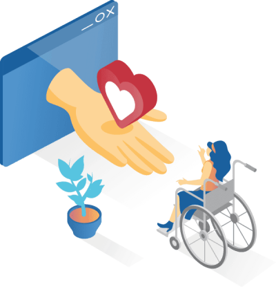 Illustration Girl in wheelchair interacting with accessible web site from Rimshot Creative and Accessibe