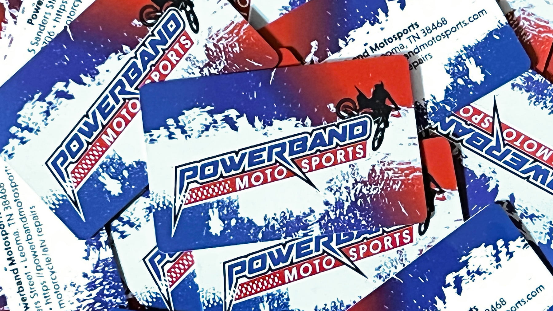 Powerband Motosports hired Rimshot Creative to design their logo and business cards.